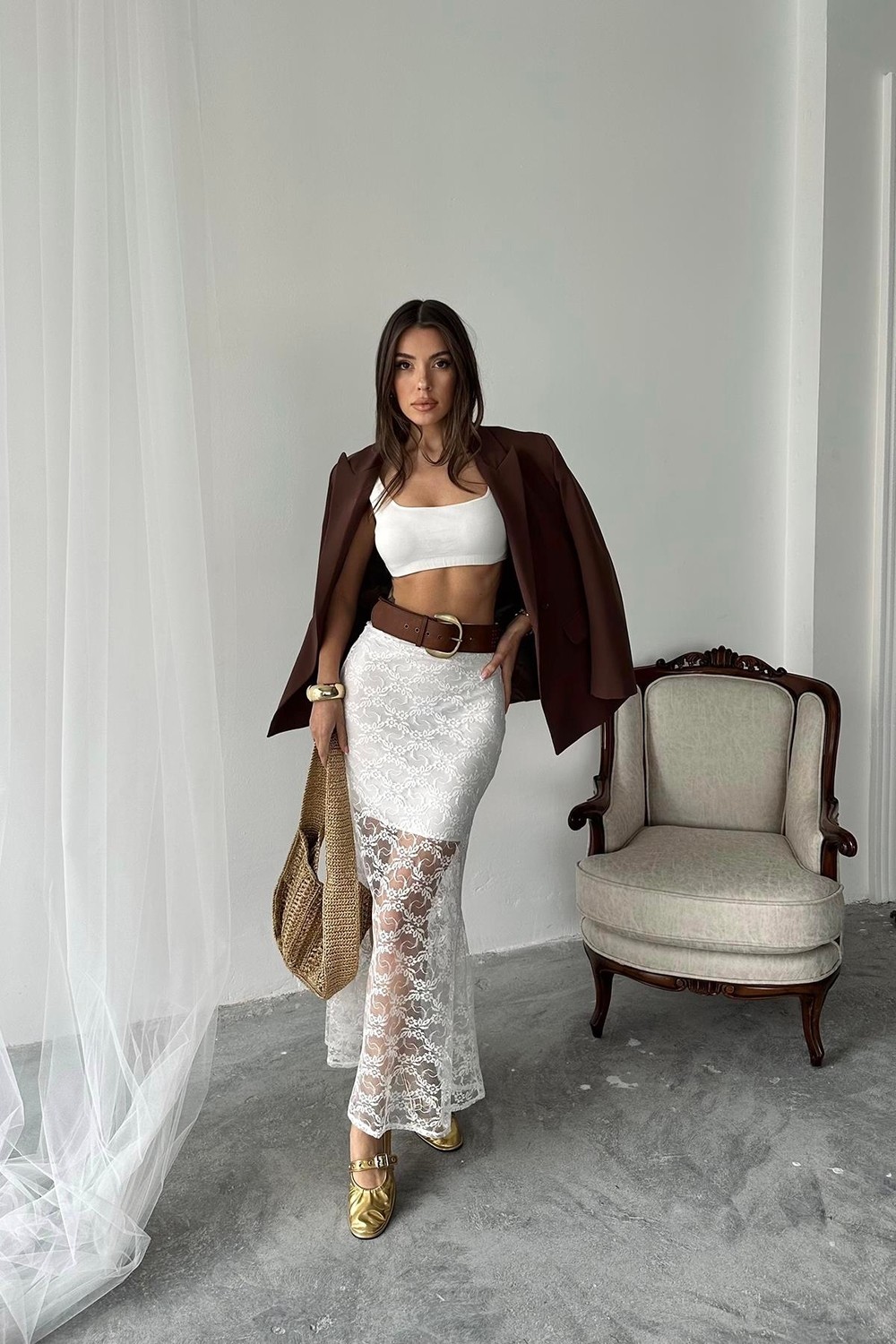 Moda Days Kadın Beyaz Dantel Detaylı Astarlı Uzun Dar Kesim Çiçek Desenli Etek görsel 2