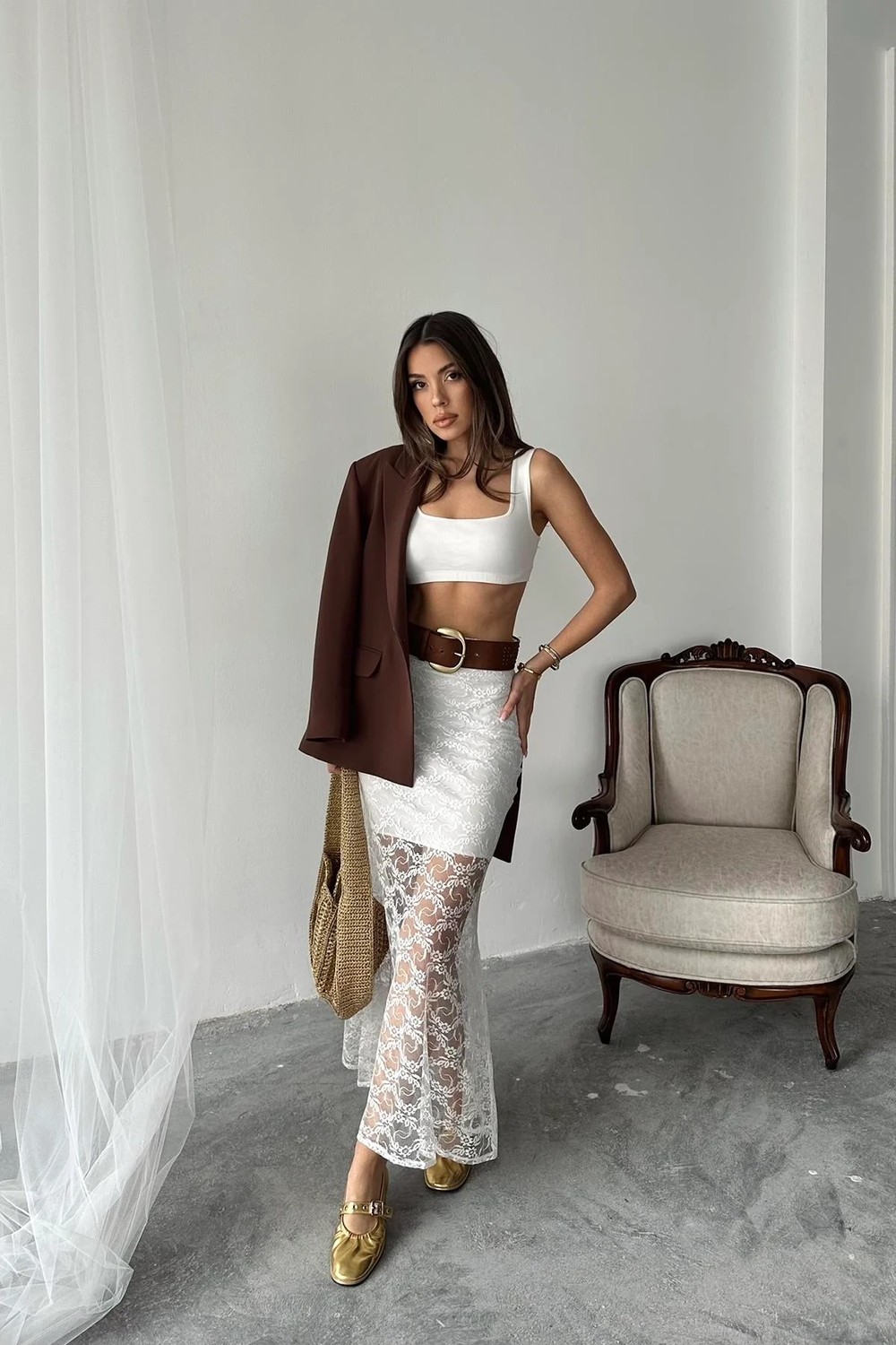 Moda Days Kadın Beyaz Dantel Detaylı Astarlı Uzun Dar Kesim Çiçek Desenli Etek görsel 4