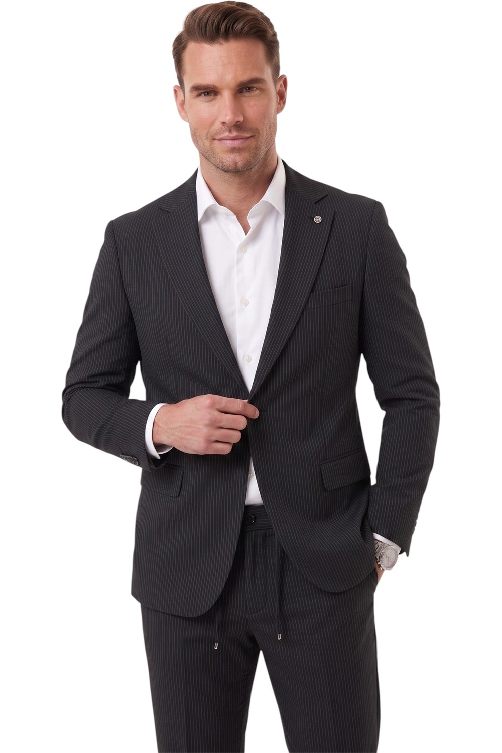 Deepsea Erkek Slim Fit Dar Kesim Çizgili Gofre Kumaş Bej Takım Elbise, Tek Düğme Ipli Pantolon 2602311 görsel 2