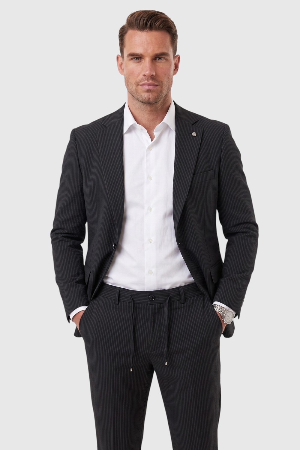 Deepsea Erkek Slim Fit Dar Kesim Çizgili Gofre Kumaş Bej Takım Elbise, Tek Düğme Ipli Pantolon 2602311 görsel 3