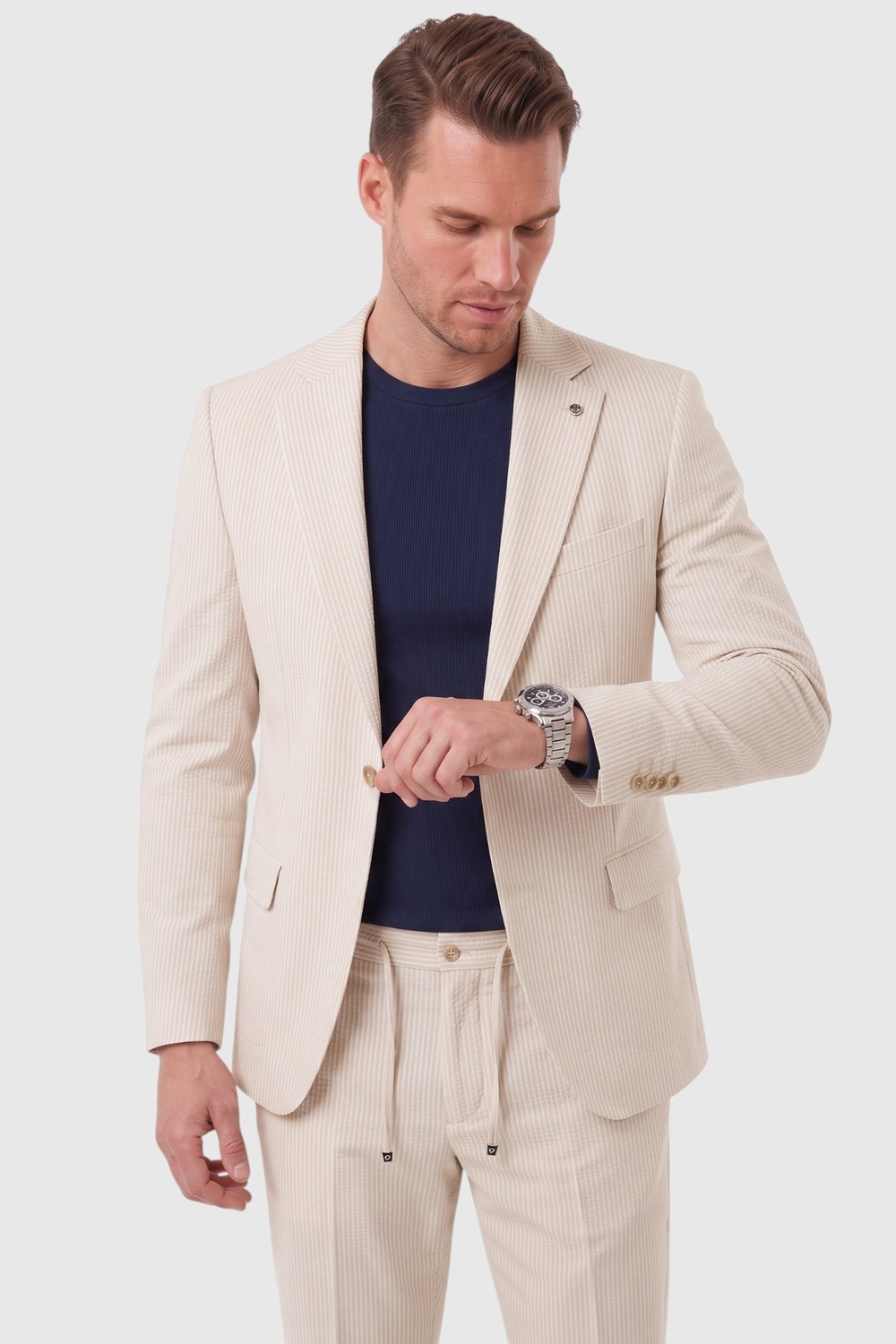 Deepsea Erkek Slim Fit Dar Kesim Çizgili Gofre Kumaş Bej Takım Elbise, Tek Düğme Ipli Pantolon 2602311 görsel 7