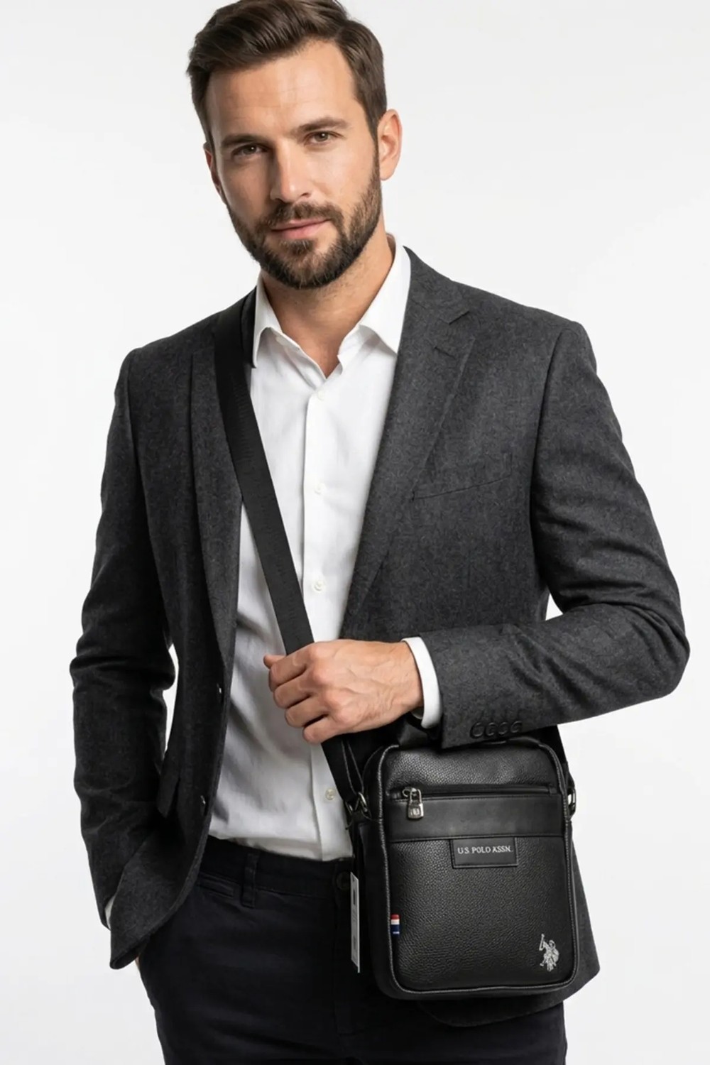 U.S. Polo Assn. Siyah Erkek El Omuz Crossbody Çanta Saplı Fermuarlı Günlük Deri Postacı Çantası