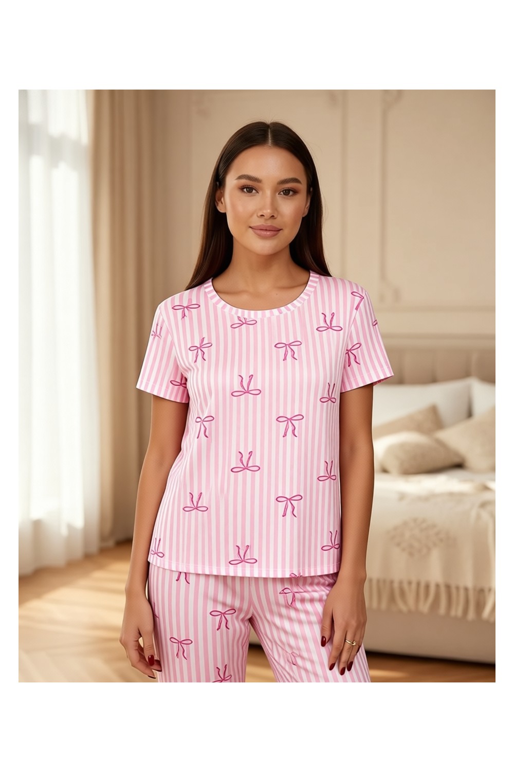 Siyah İnci Pembe Beyaz Çizgi Desenli Ince Soft Örme Mevsimlik Pijama Takımı 8003 görsel 8