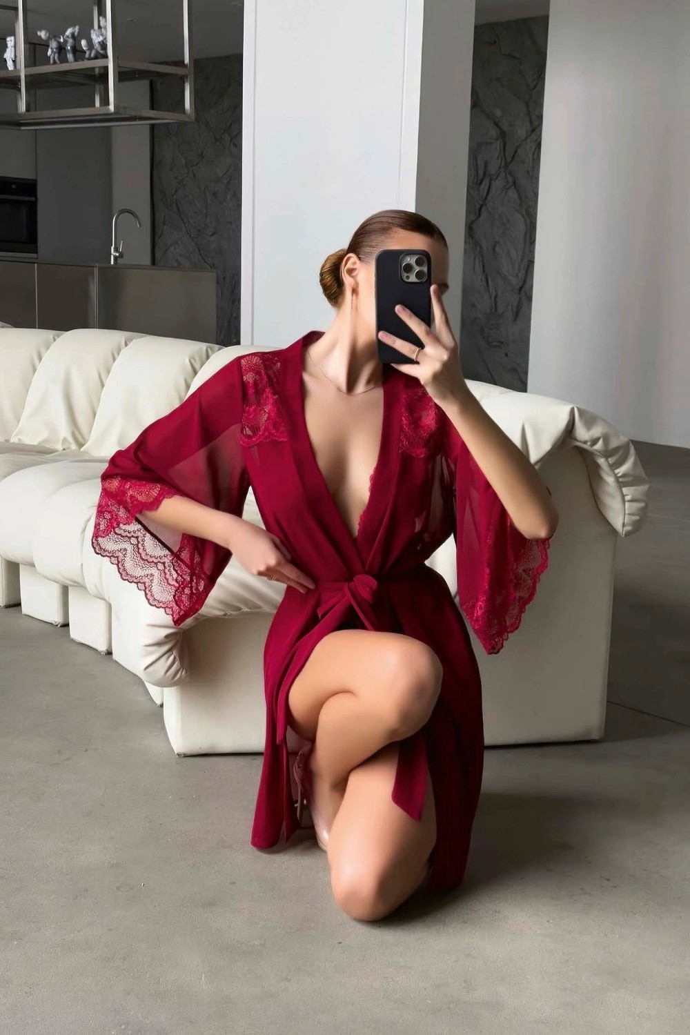 Hace Bazaar Şık Tasarım Bordo Dantel Işlemeli Body Suit ve Tül Gecelik Takımı -Hcb görsel 2
