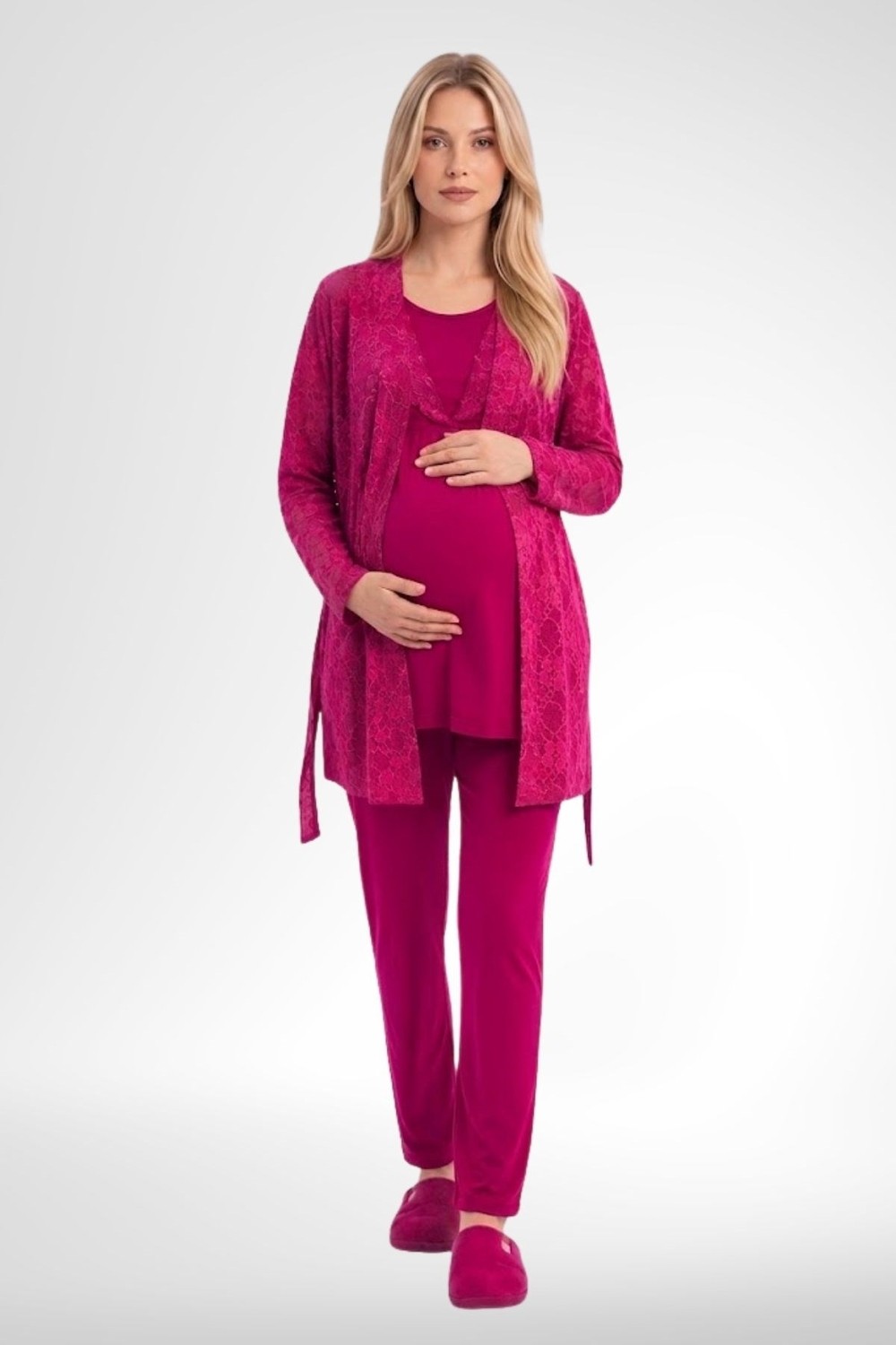 Mecit Pijama Mecit 6406 Fuşya Dantel Sabahlıklı Lohusa Pijama Takımı görsel 2
