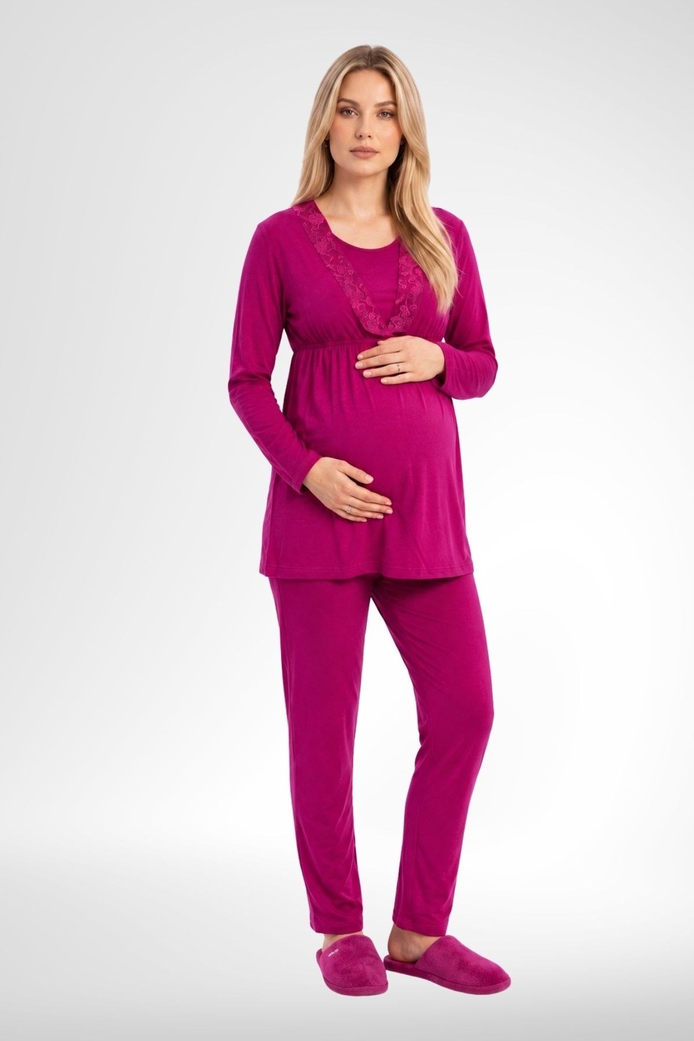 Mecit Pijama Mecit 6406 Fuşya Dantel Sabahlıklı Lohusa Pijama Takımı görsel 3