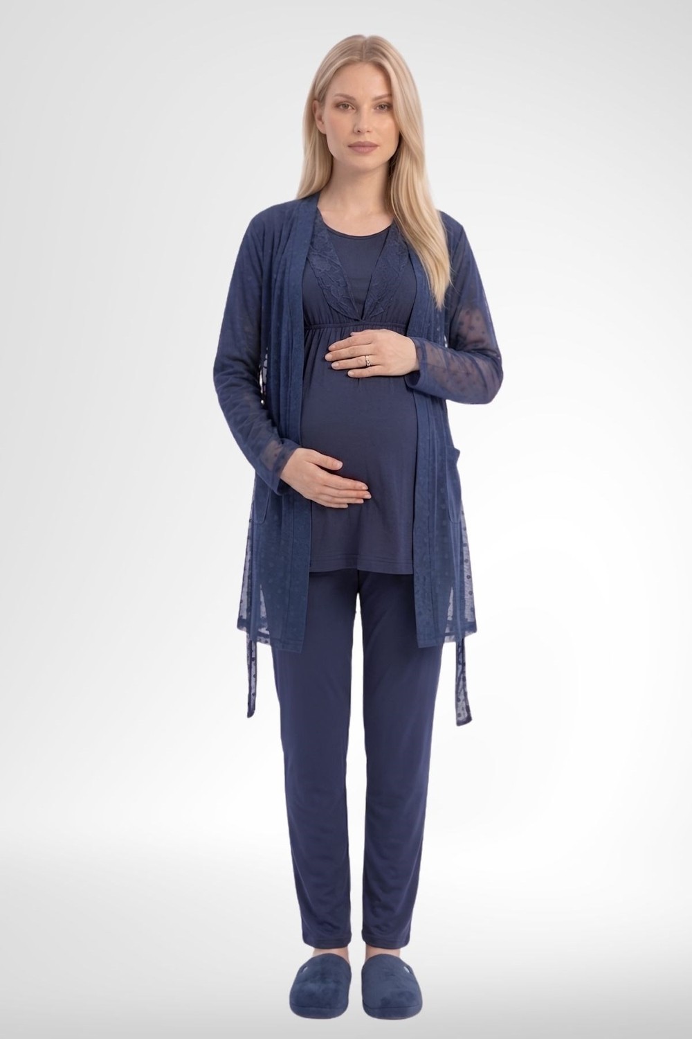 Mecit Pijama Mecit 6406 Lacivert Dantel Sabahlıklı Lohusa Pijama Takımı görsel 2
