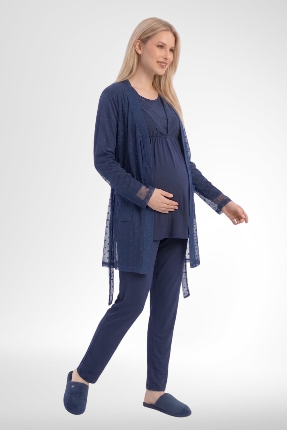 Mecit Pijama Mecit 6406 Lacivert Dantel Sabahlıklı Lohusa Pijama Takımı görsel 3