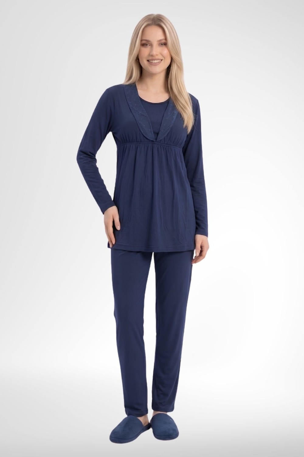 Mecit Pijama Mecit 6406 Lacivert Dantel Sabahlıklı Lohusa Pijama Takımı görsel 4