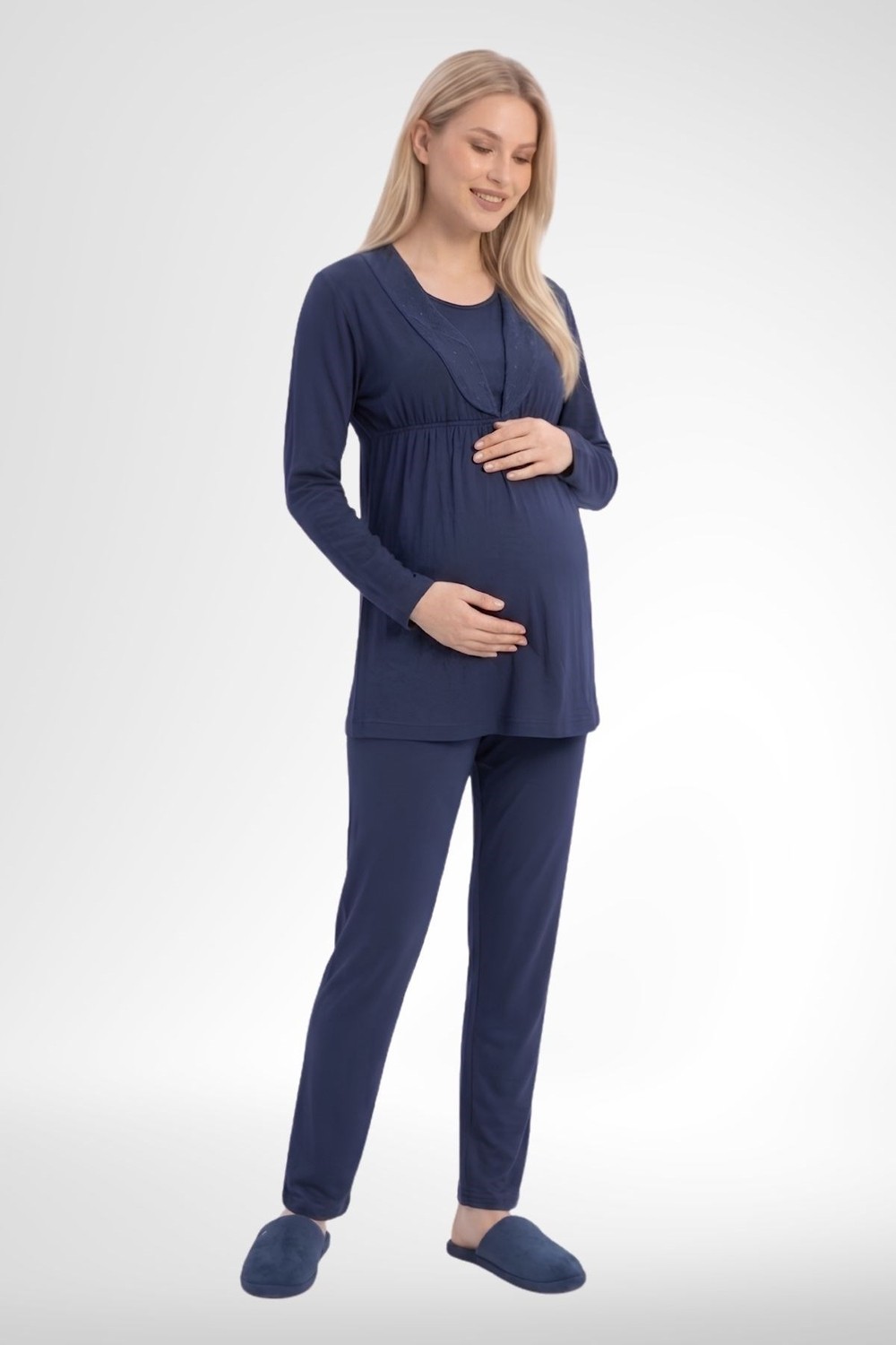 Mecit Pijama Mecit 6406 Lacivert Dantel Sabahlıklı Lohusa Pijama Takımı görsel 5