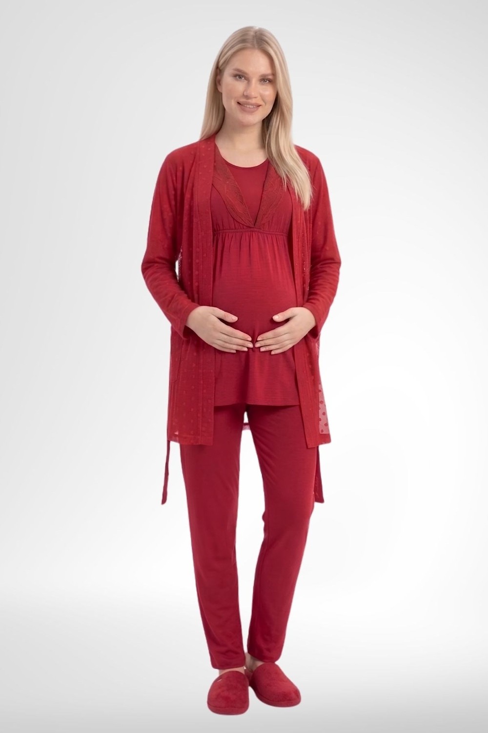 Mecit Pijama Mecit 6406 Kırmızı Dantel Sabahlıklı Lohusa Pijama Takımı görsel 2