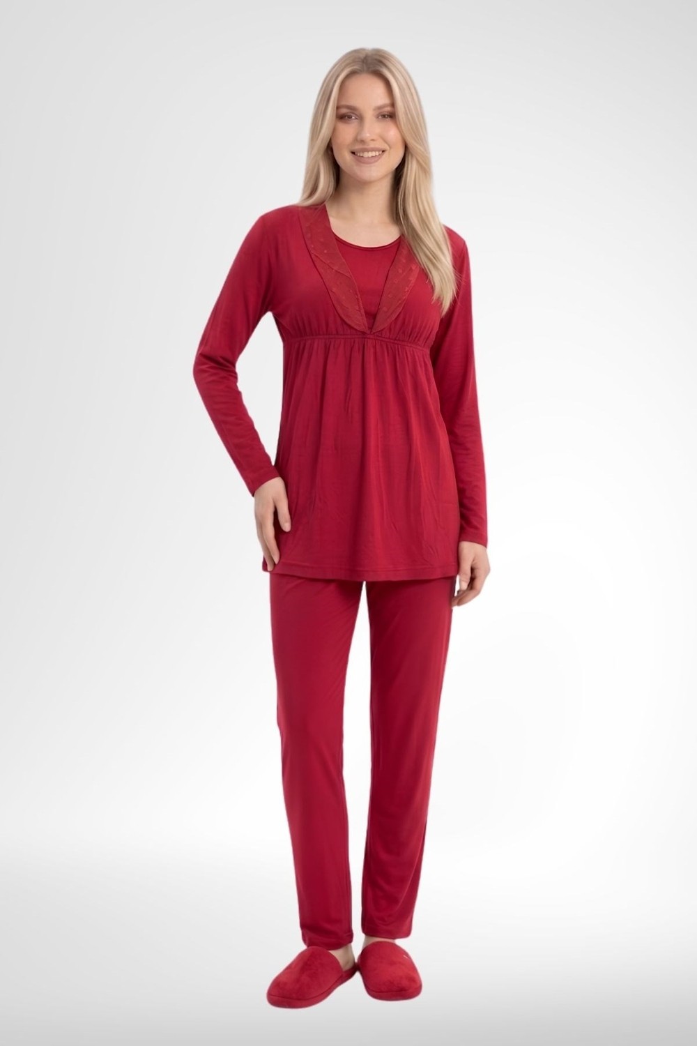 Mecit Pijama Mecit 6406 Kırmızı Dantel Sabahlıklı Lohusa Pijama Takımı görsel 3