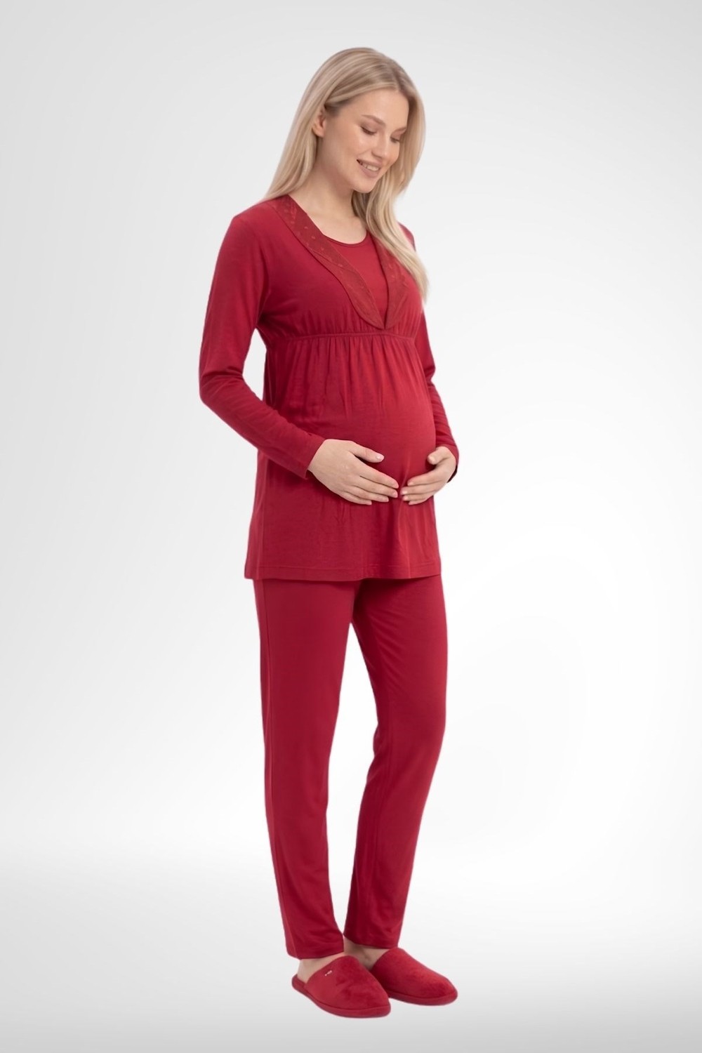Mecit Pijama Mecit 6406 Kırmızı Dantel Sabahlıklı Lohusa Pijama Takımı görsel 4