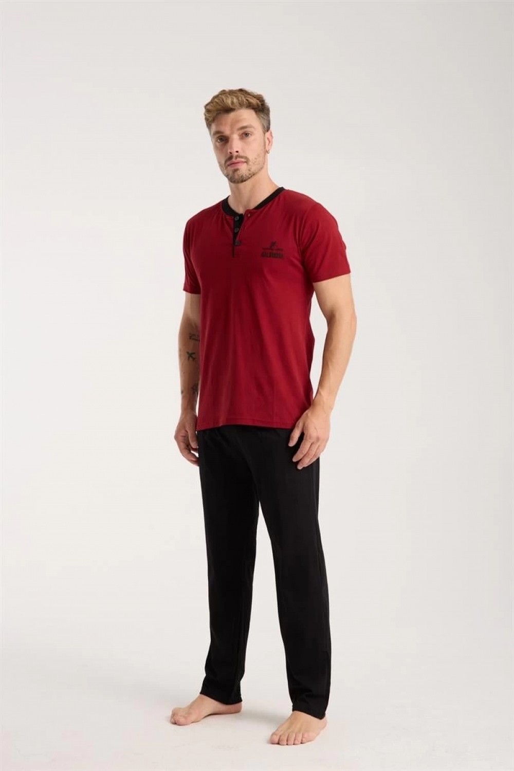 Hace Bazaar Marsilyan- Erkek Bordo Düğmeli Yaka Kısa Kol Pijama Takımı