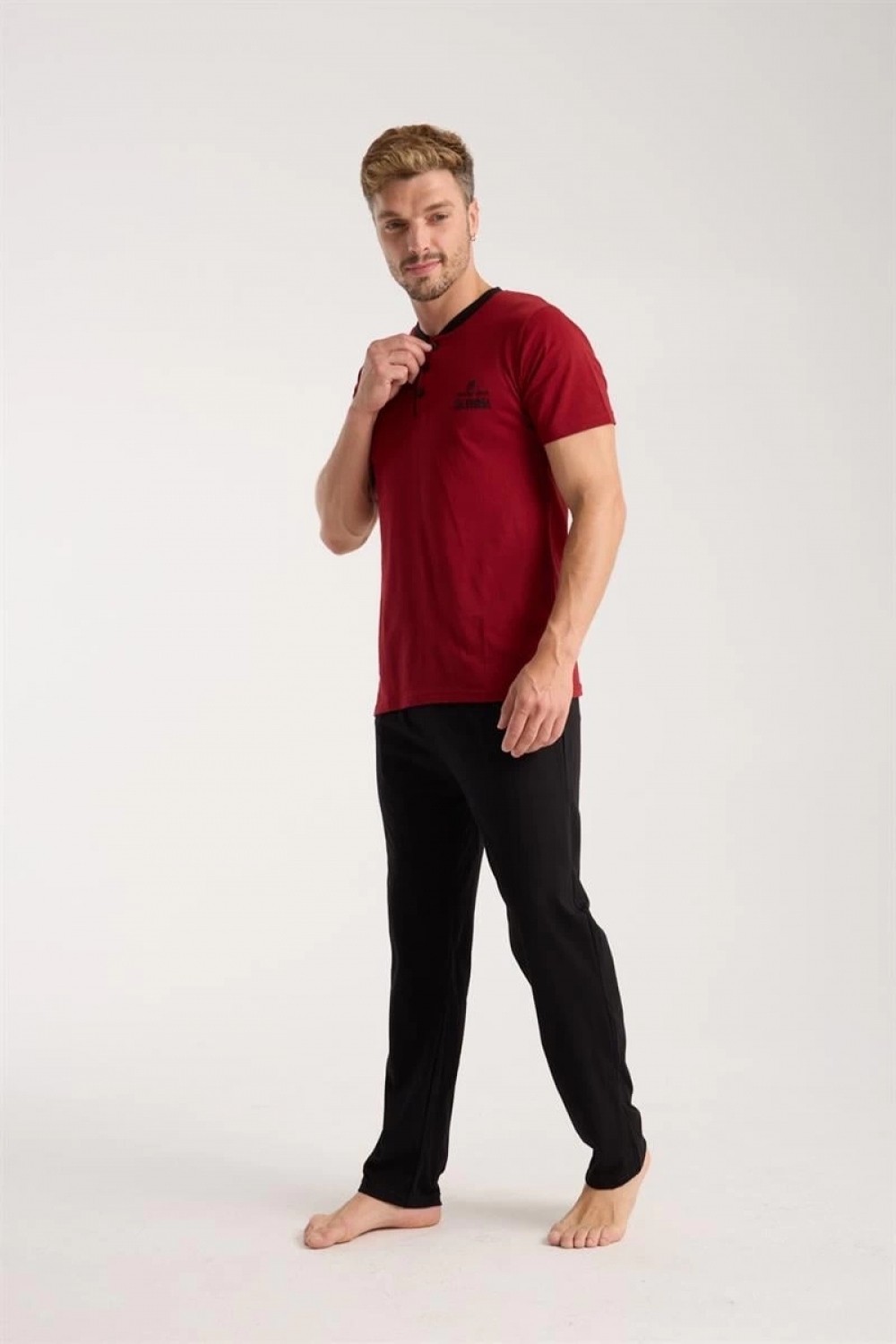 Hace Bazaar Marsilyan- Erkek Bordo Düğmeli Yaka Kısa Kol Pijama Takımı görsel 2
