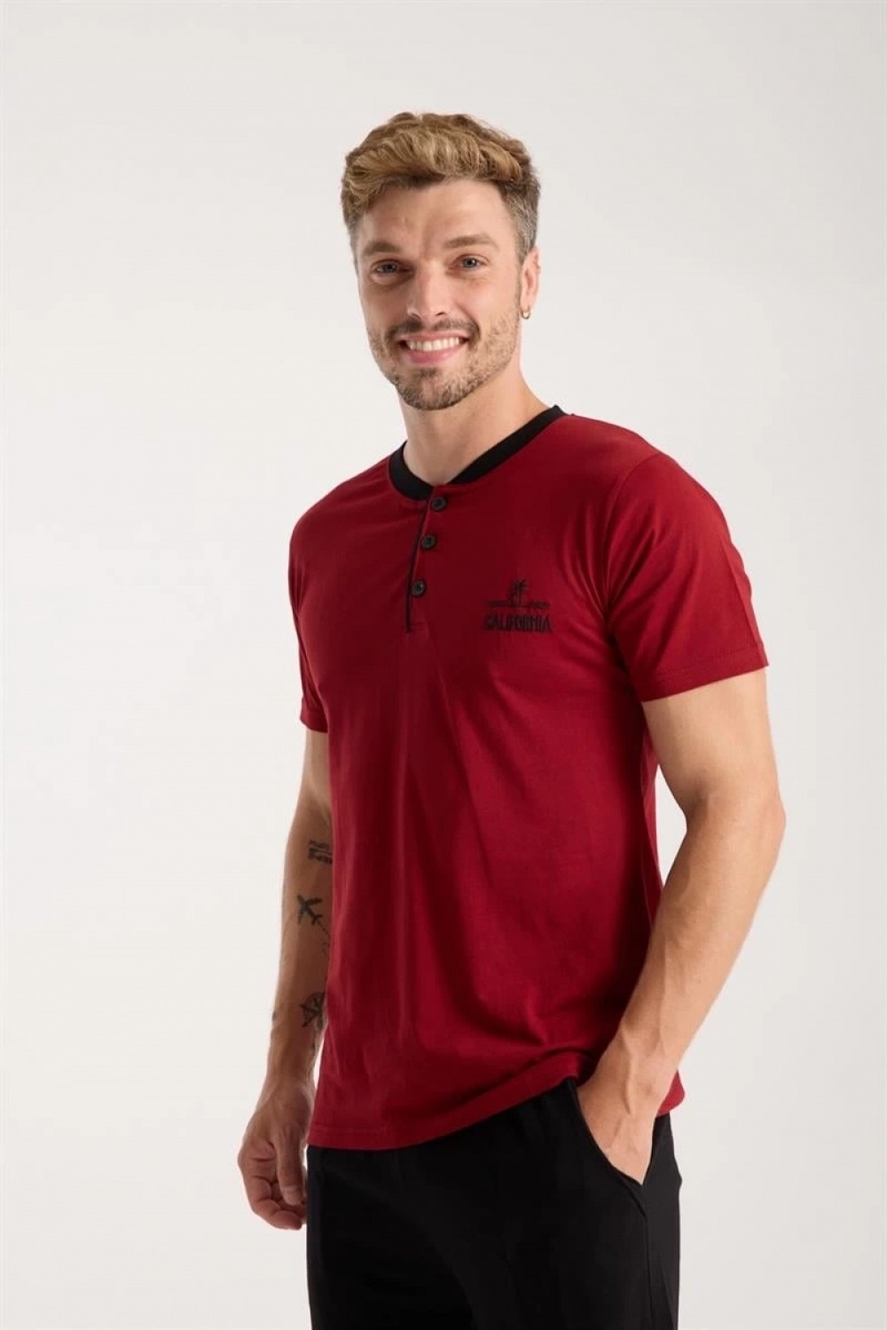 Hace Bazaar Marsilyan- Erkek Bordo Düğmeli Yaka Kısa Kol Pijama Takımı görsel 4