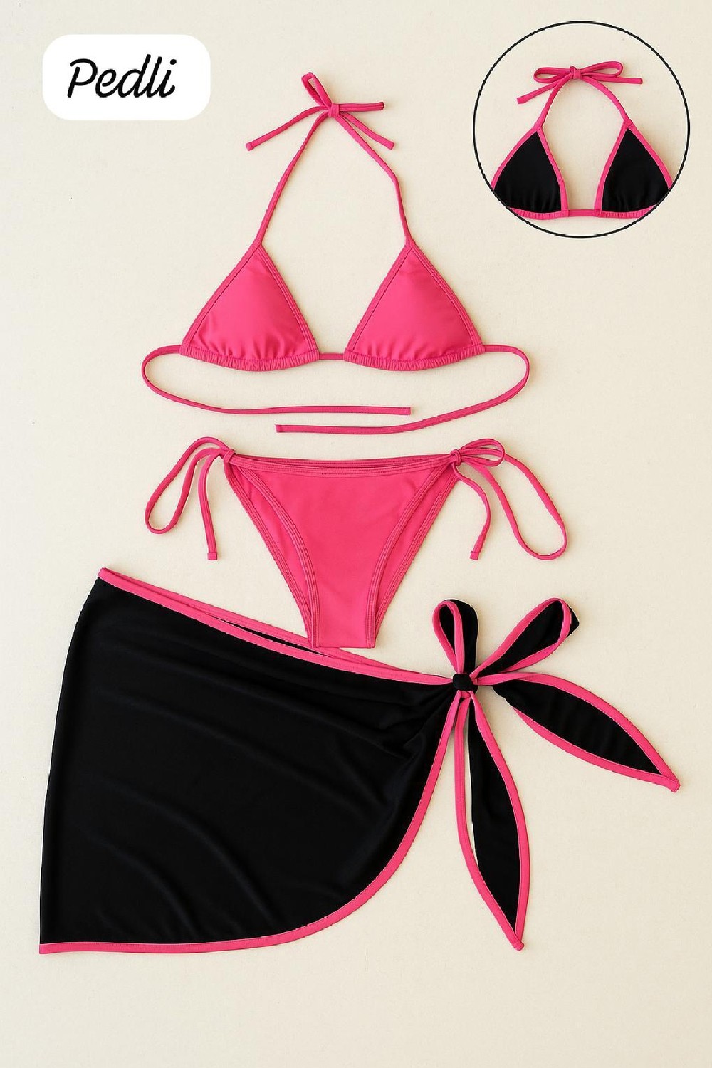Hace Bazaar Kadın Fuşya Siyah Pareolu Yandan ve Boyundan Bağlamalı 3'lü Bikini Takımı -Hcb