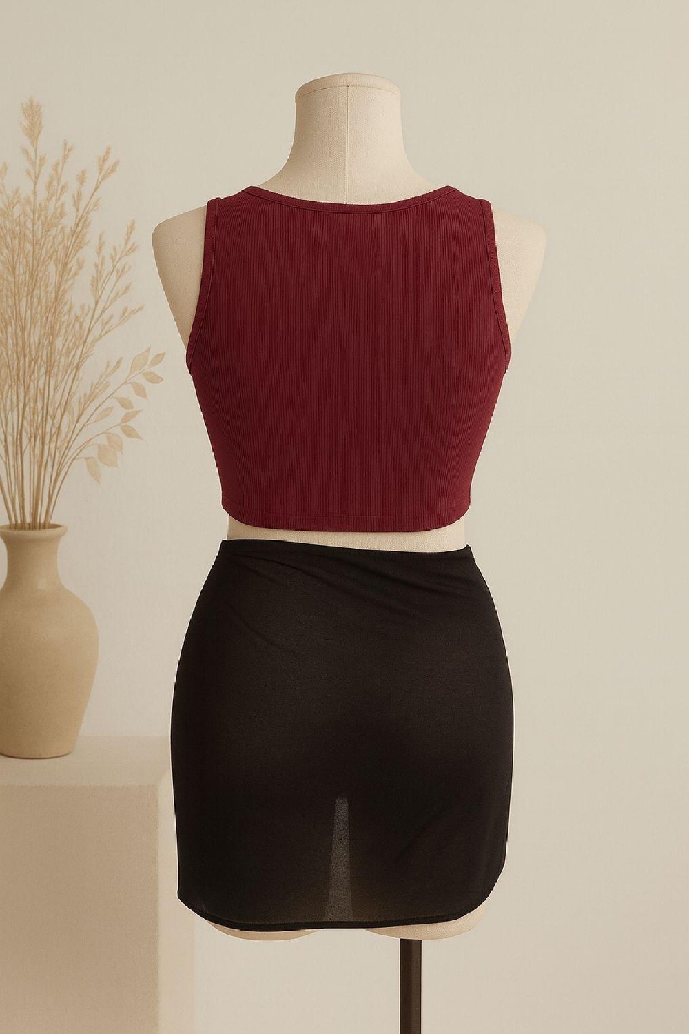 Hace Bazaar Kadın Bordo Yuvarlak Yaka Crop ve Siyah Pareo 2'li Set -Hcb görsel 2