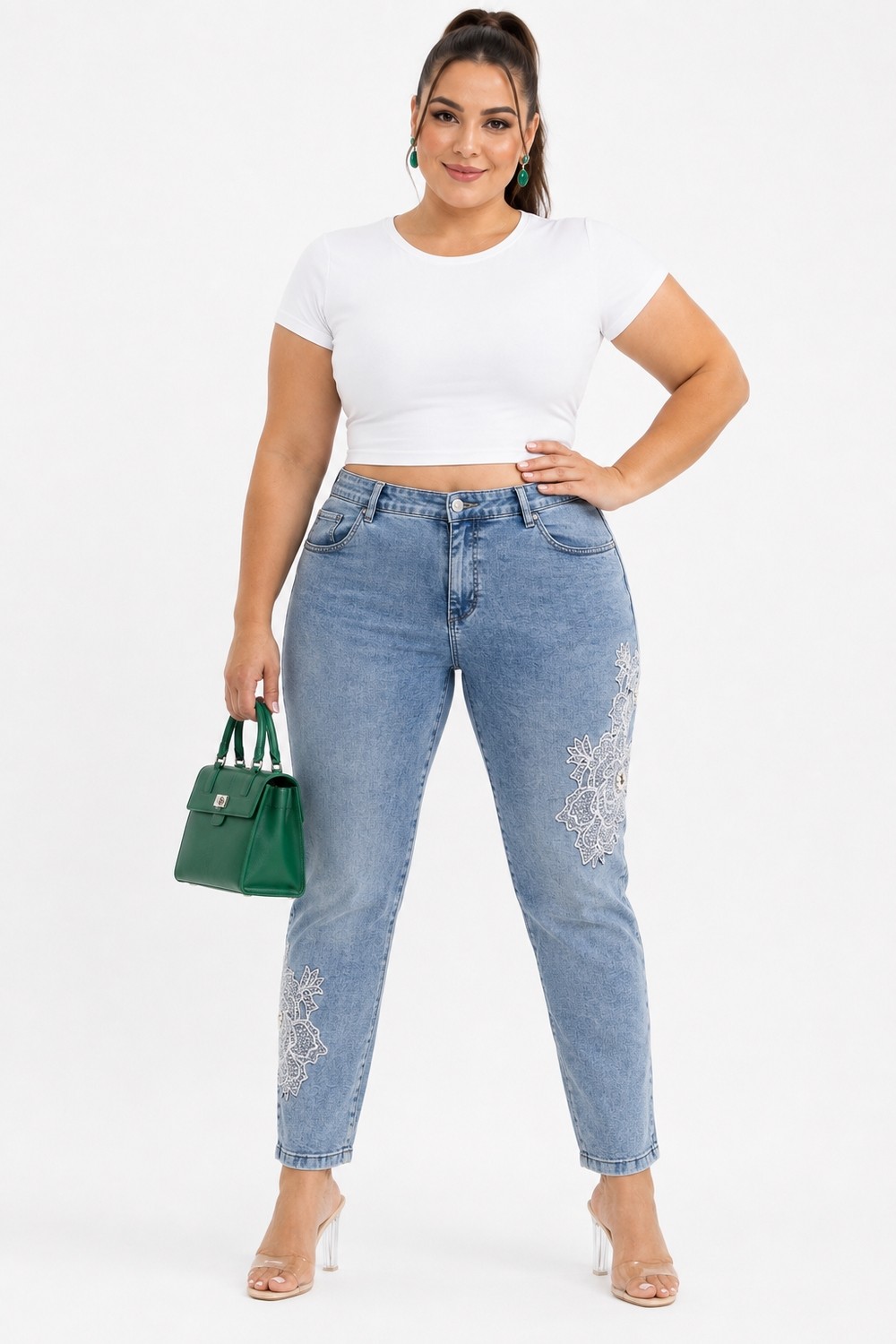 Trieste Wear Büyük Beden Yüksek Bel Çiçek Dantel ve Inci Detaylı Denim Kadın Pantolon