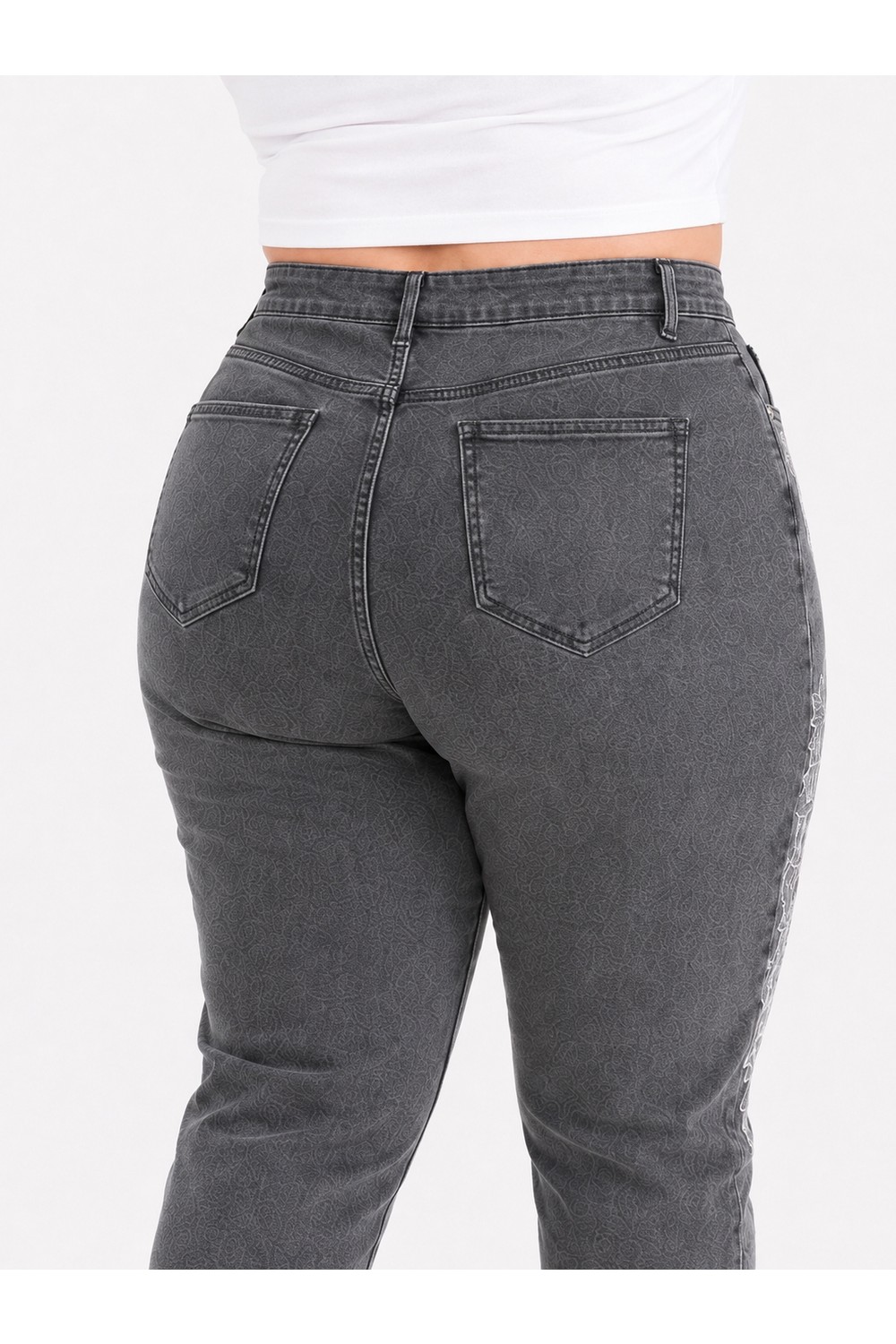 Trieste Wear Büyük Beden Yıkamalı Denim Dantel Aplikeli Inci Taş Detaylı Kadın Pantolon görsel 5