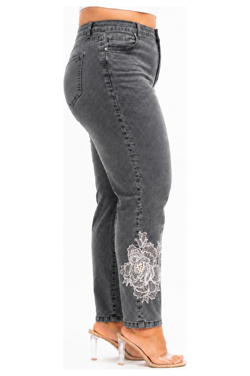Trieste Wear Büyük Beden Yıkamalı Denim Dantel Aplikeli Inci Taş Detaylı Kadın Pantolon görsel 6