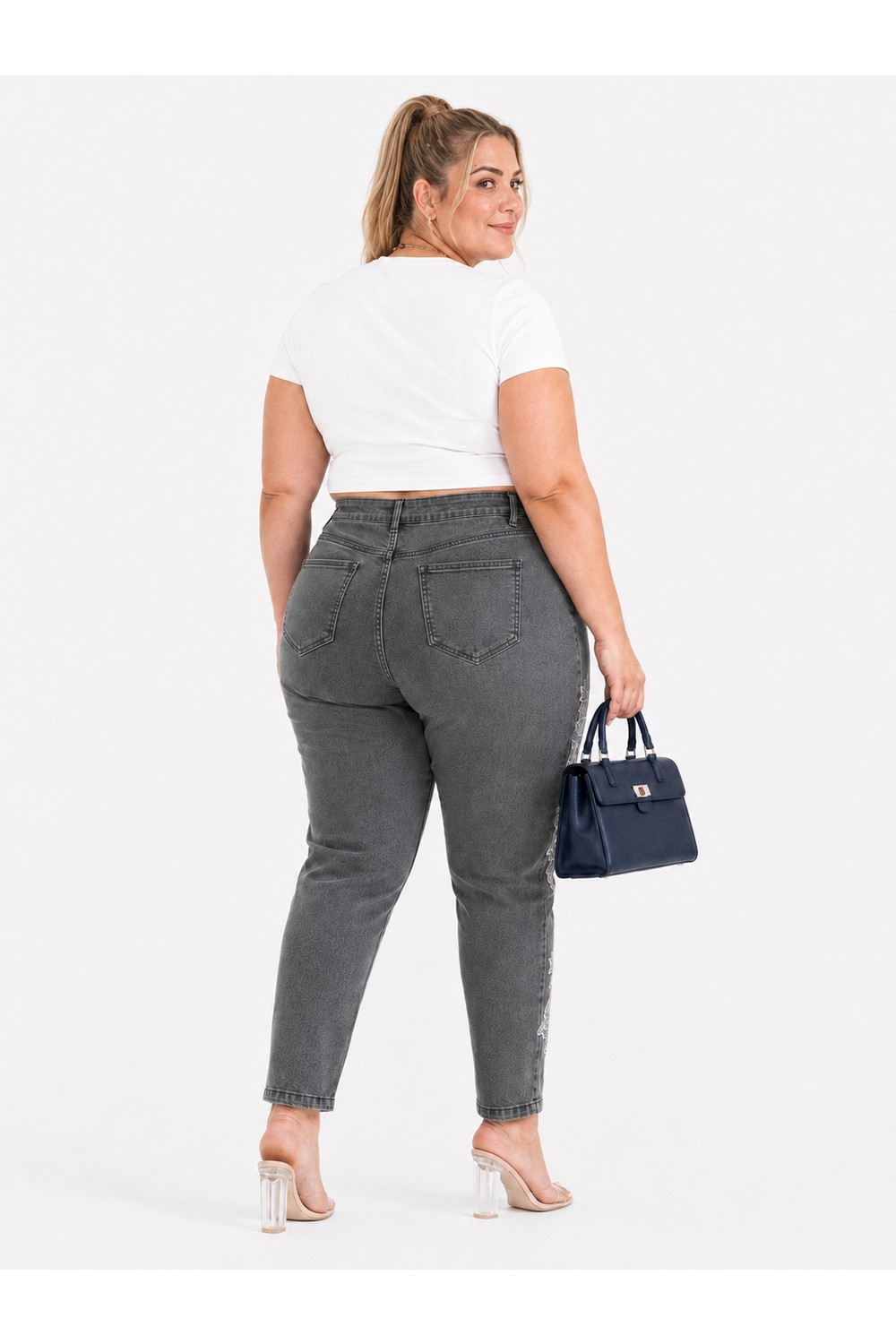 Trieste Wear Büyük Beden Yıkamalı Denim Dantel Aplikeli Inci Taş Detaylı Kadın Pantolon görsel 7
