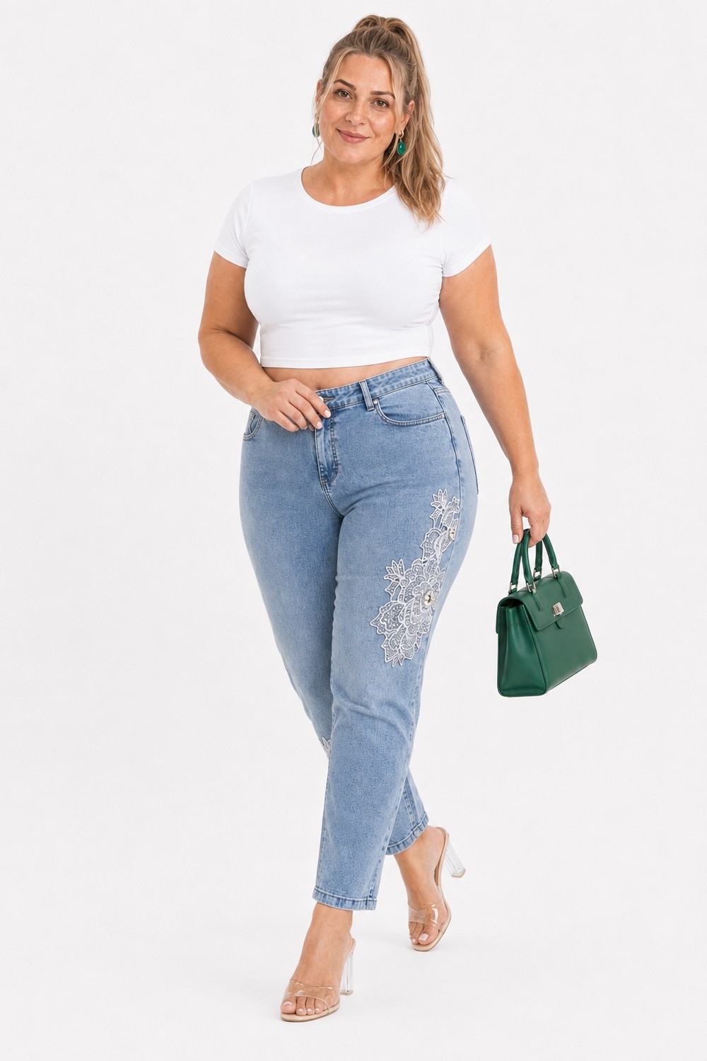 Trieste Wear Büyük Beden Yıkamalı Denim Dantel Aplikeli Inci Taş Detaylı Kadın Pantolon