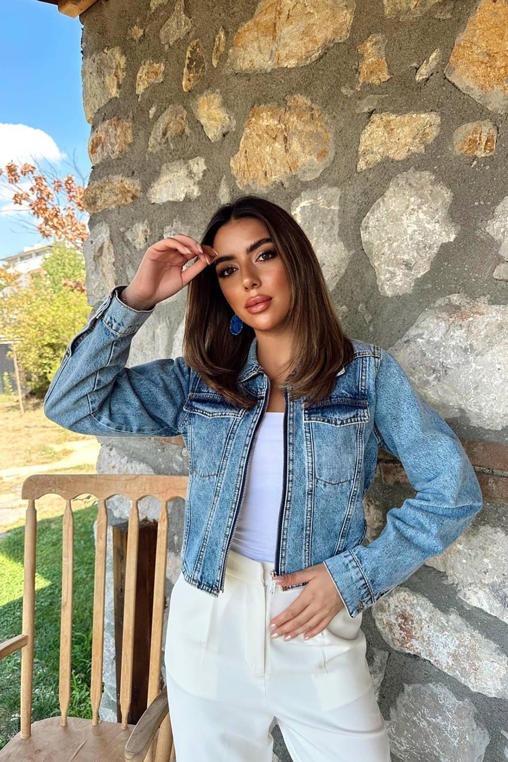Moda Days Kadın Mavi Crop Kot Ceket Korse Görünümlü Fermuarlı Uzun Kollu