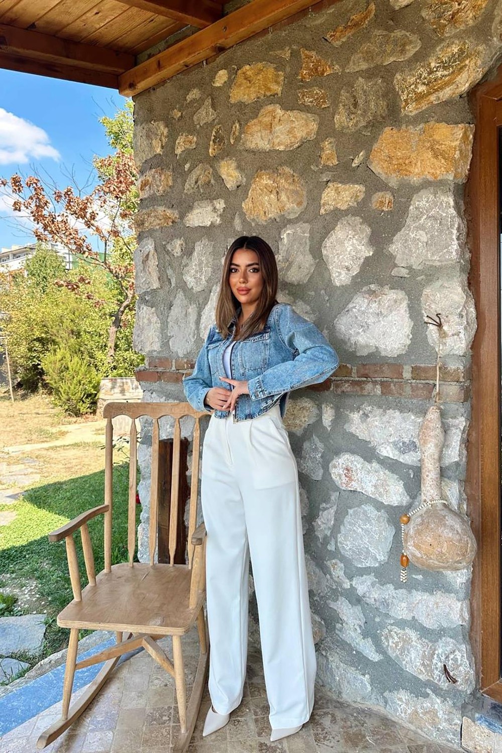Moda Days Kadın Mavi Crop Kot Ceket Korse Görünümlü Fermuarlı Uzun Kollu görsel 2