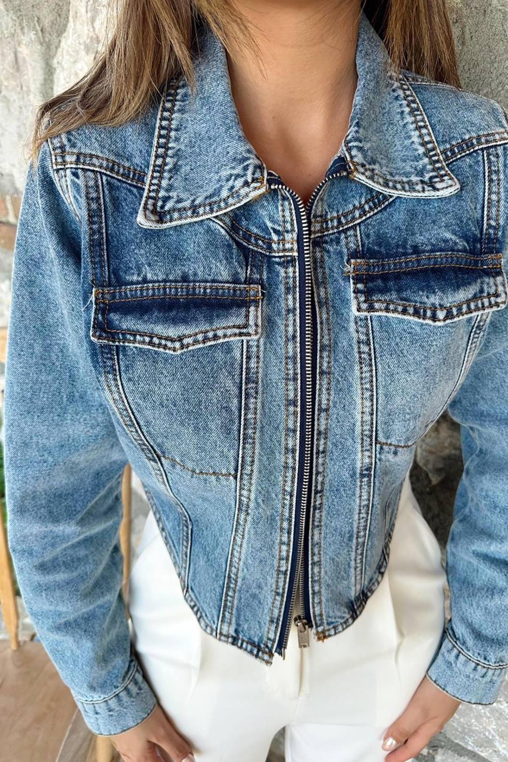 Moda Days Kadın Mavi Crop Kot Ceket Korse Görünümlü Fermuarlı Uzun Kollu görsel 3