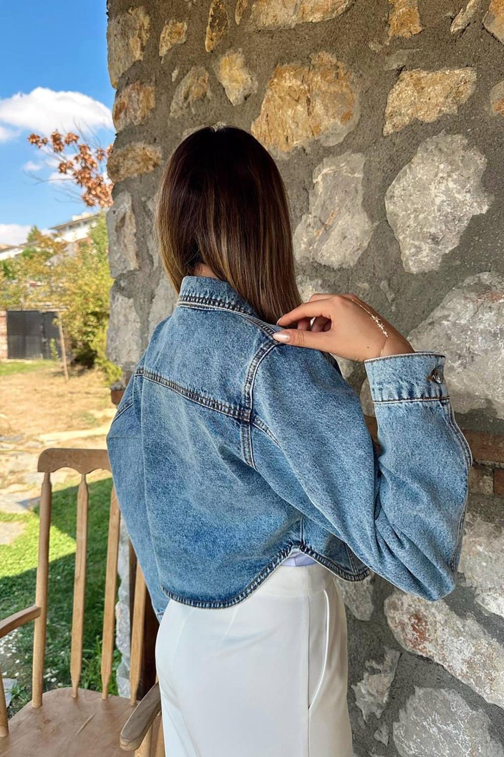 Moda Days Kadın Mavi Crop Kot Ceket Korse Görünümlü Fermuarlı Uzun Kollu görsel 4