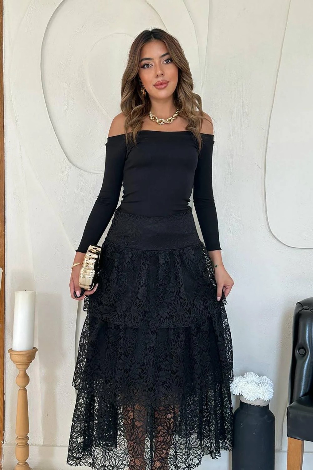 Moda Days Kadın Siyah Dantelli Kat Kat Midi Etek Yüksek Bel Çiçek Desenli Kloş görsel 8