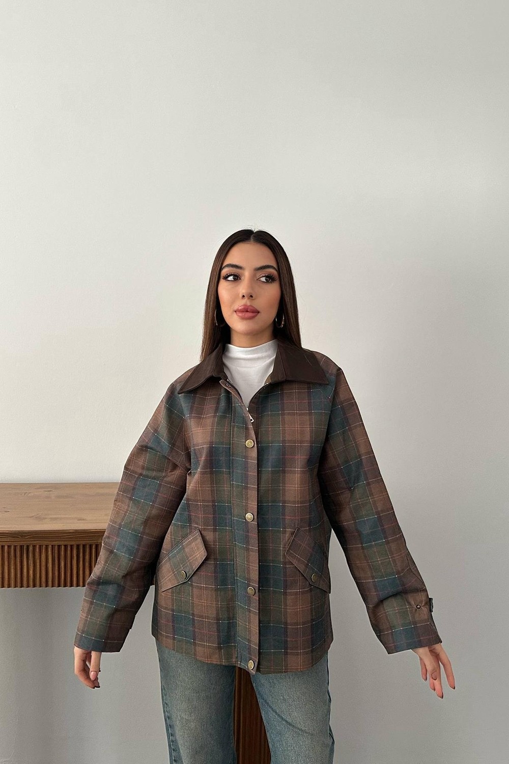 Moda Days Kadın Kahverengi Ekose Garnili Gömlek Yaka Astarlı Fermuarlı Cepli Oversize Ceket