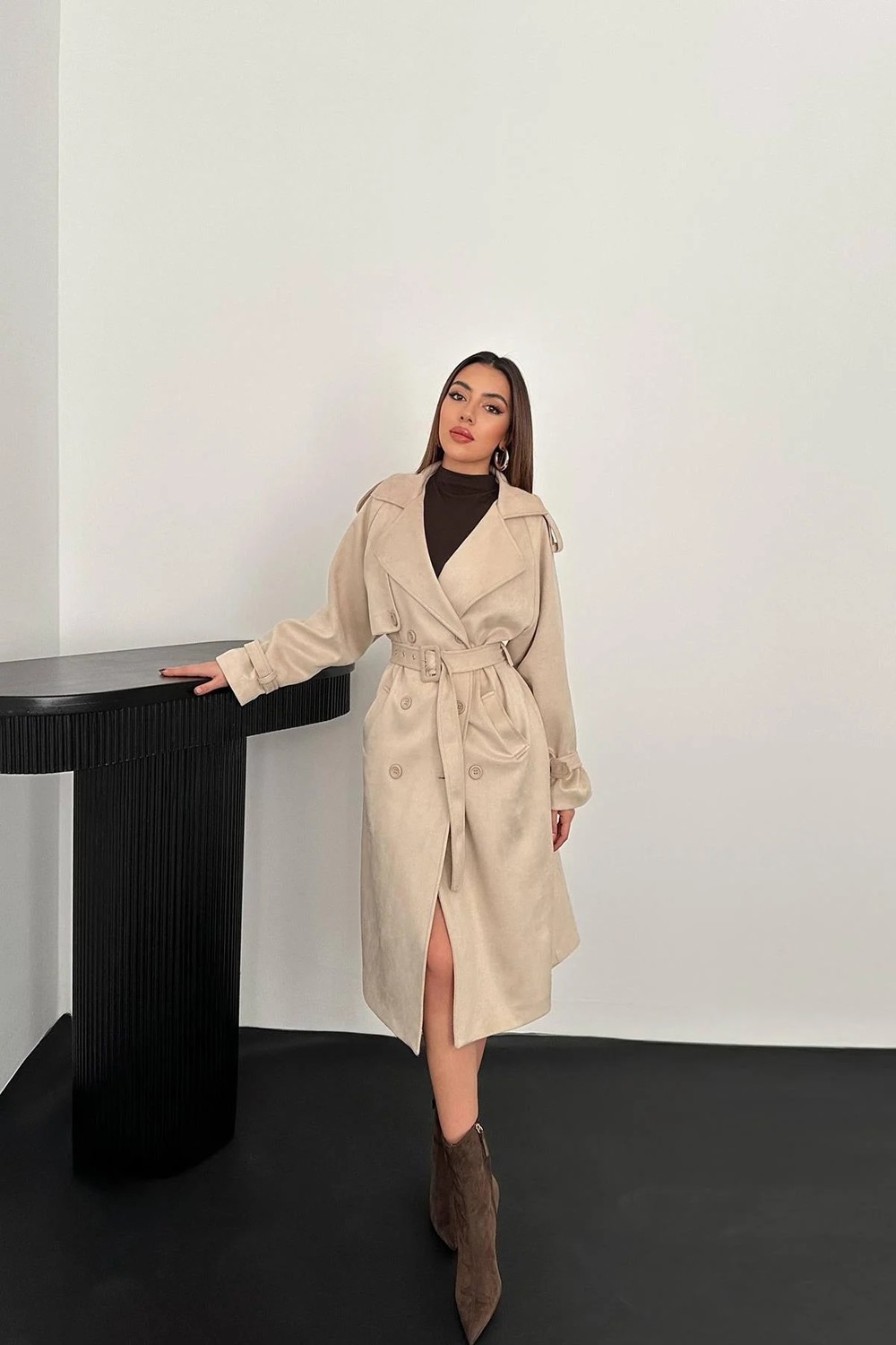 Moda Days Kadın Bej Süet Trençkot Reglan Kol Kruvaze Kemerli Midi Astarlı