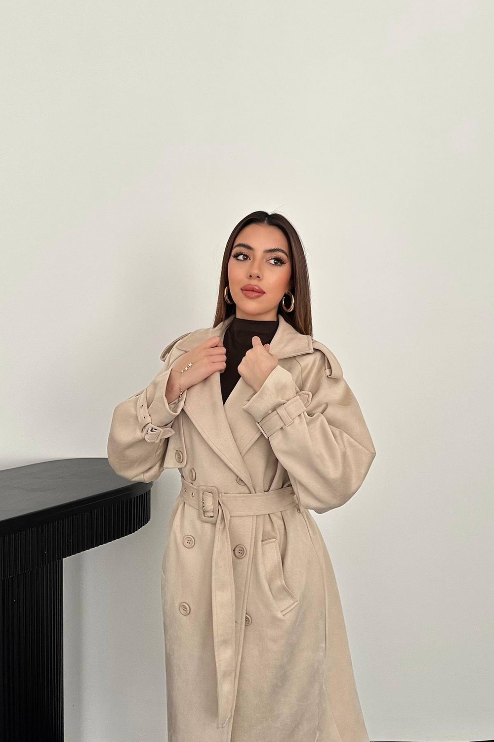 Moda Days Kadın Bej Süet Trençkot Reglan Kol Kruvaze Kemerli Midi Astarlı görsel 3