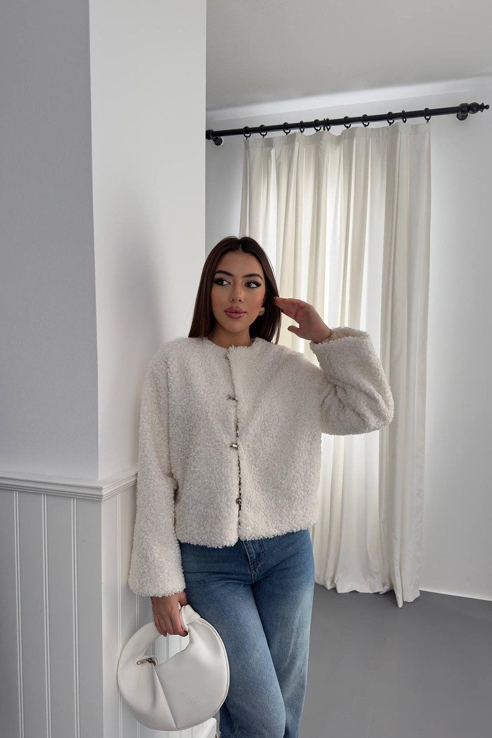 Moda Days Kadın Füme Peluş Kısa Ceket Yuvarlak Yaka Kancalı Uzun Kollu Dokulu görsel 6