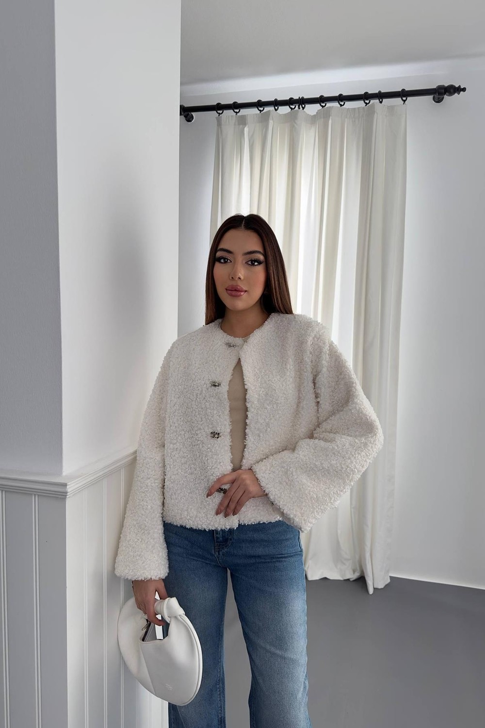 Moda Days Kadın Füme Peluş Kısa Ceket Yuvarlak Yaka Kancalı Uzun Kollu Dokulu görsel 7