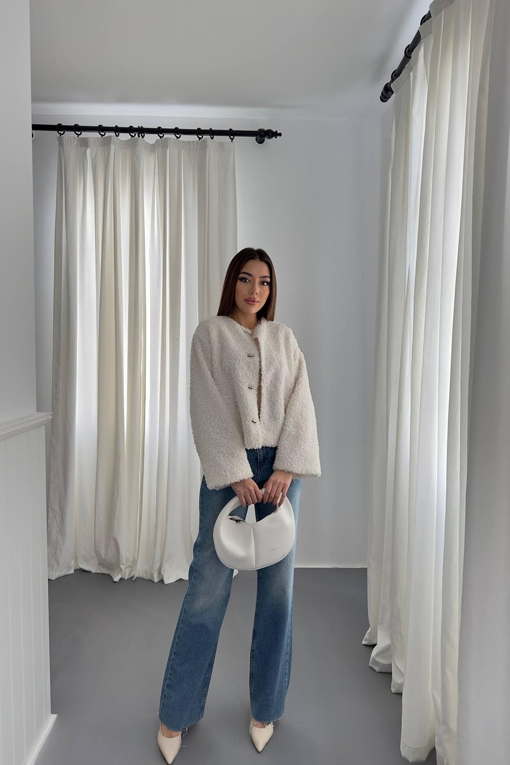 Moda Days Kadın Füme Peluş Kısa Ceket Yuvarlak Yaka Kancalı Uzun Kollu Dokulu görsel 8