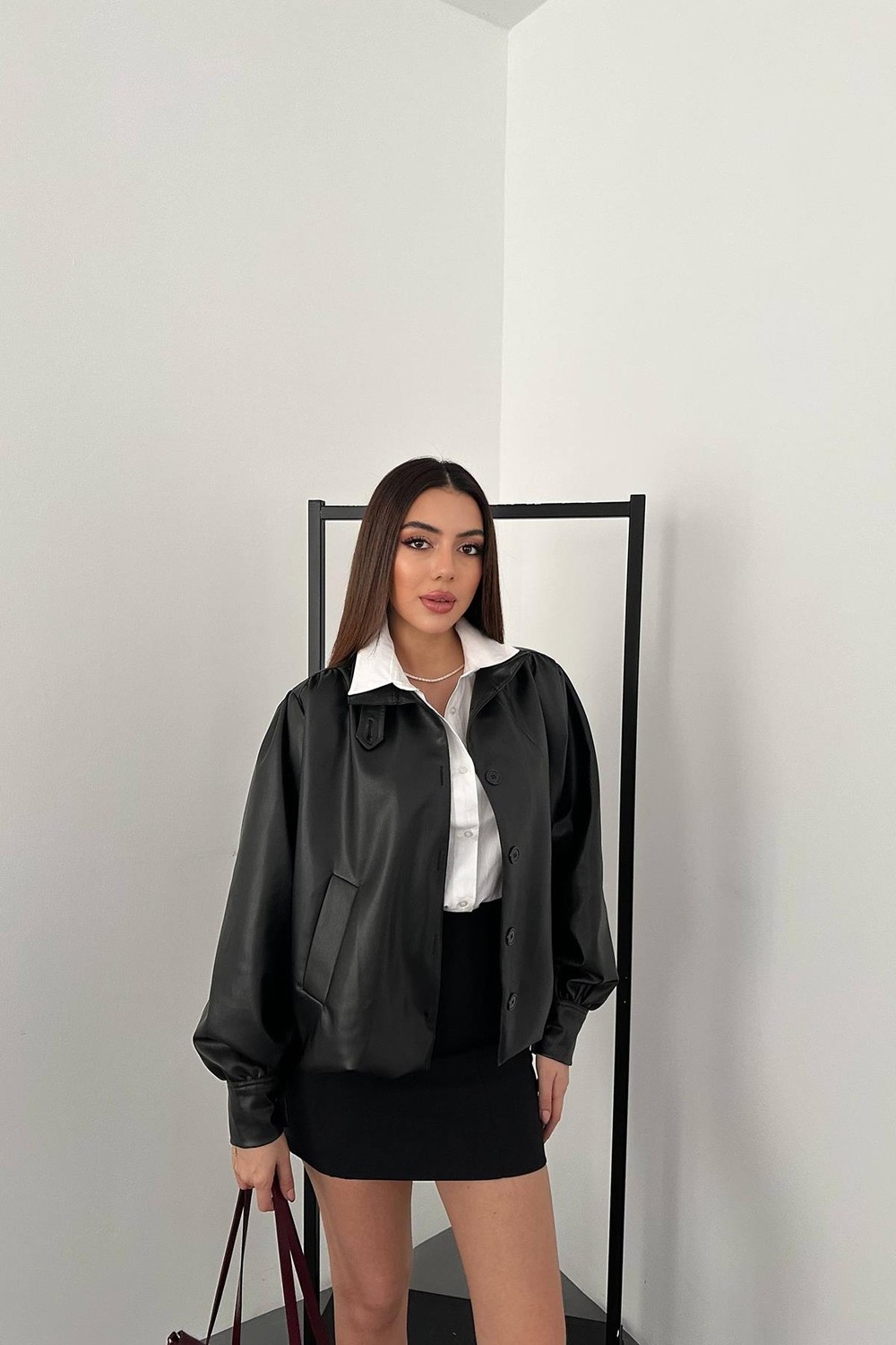 Moda Days Kadın Kahverengi Suni Deri Dik Yaka Düğmeli Cepli Balon Kollu Kısa Ceket