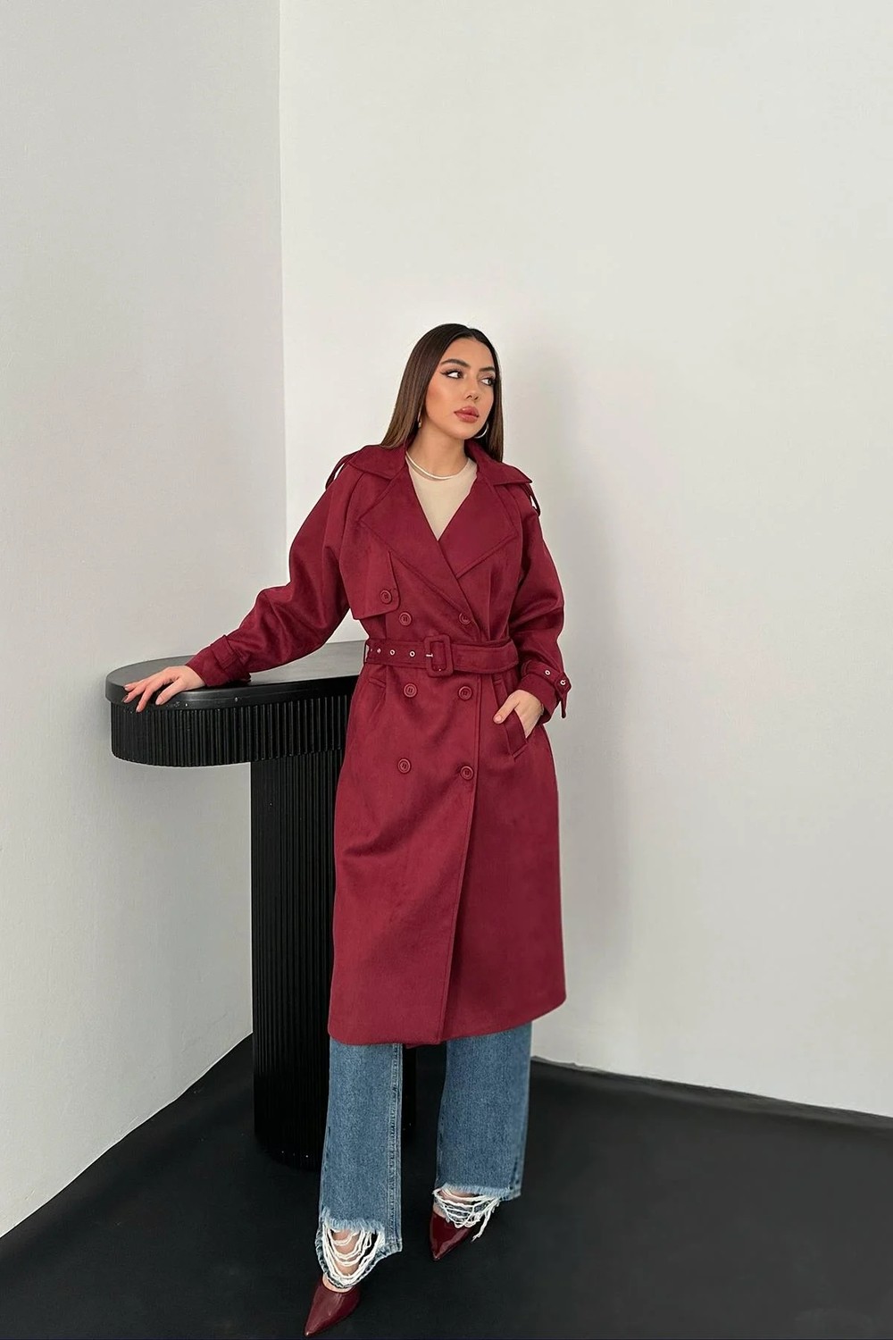 Moda Days Kadın Bej Süet Trençkot Reglan Kol Kruvaze Kemerli Midi Astarlı