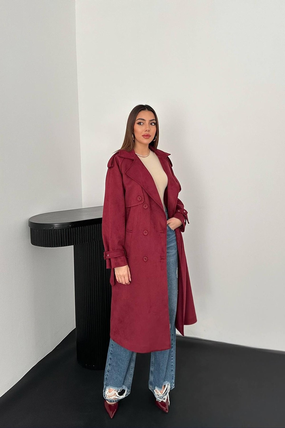 Moda Days Kadın Bej Süet Trençkot Reglan Kol Kruvaze Kemerli Midi Astarlı görsel 7