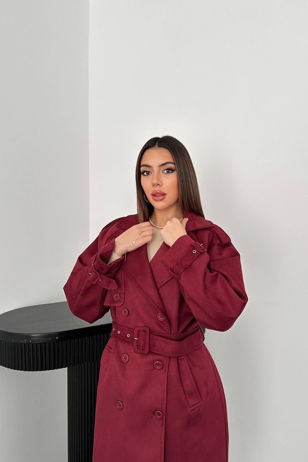 Moda Days Kadın Bej Süet Trençkot Reglan Kol Kruvaze Kemerli Midi Astarlı görsel 8