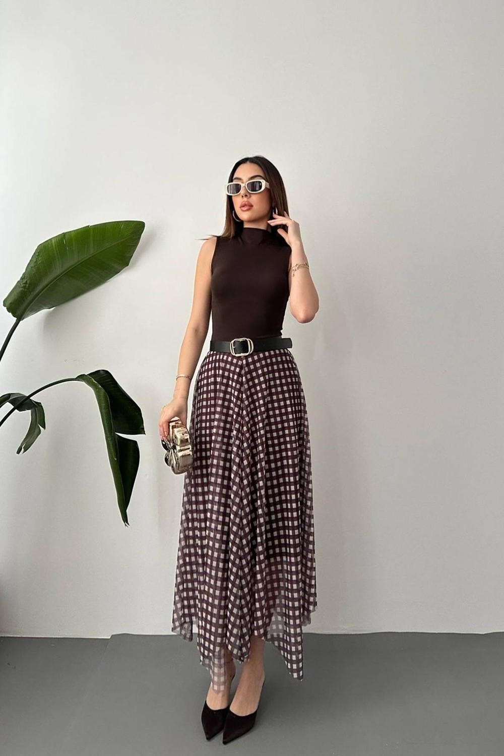 Moda Days Kadın Lacivert Ekose Desenli Astarlı Tül Asimetrik Midi A-Line Etek