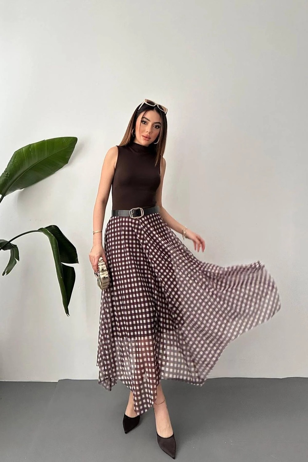 Moda Days Kadın Lacivert Ekose Desenli Astarlı Tül Asimetrik Midi A-Line Etek görsel 2