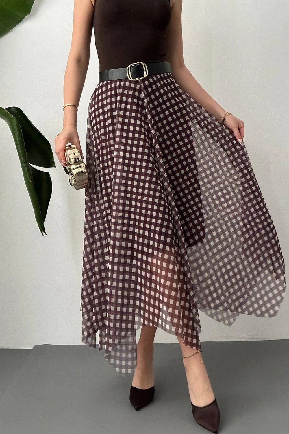 Moda Days Kadın Lacivert Ekose Desenli Astarlı Tül Asimetrik Midi A-Line Etek görsel 3