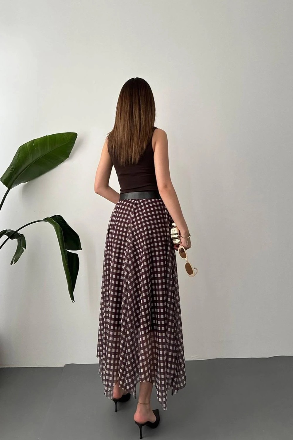Moda Days Kadın Lacivert Ekose Desenli Astarlı Tül Asimetrik Midi A-Line Etek görsel 4