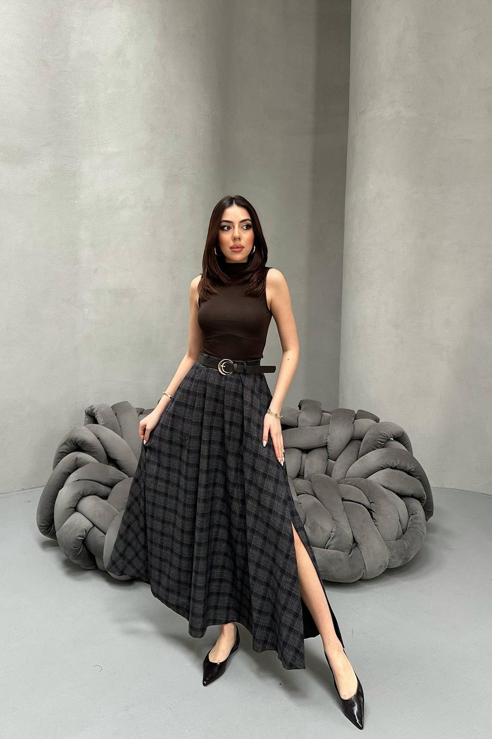 Moda Days Kadın Kahverengi Maxi Etek Ekose Yüksek Bel Kemer Görünümlü Yırtmaçlı Dokuma