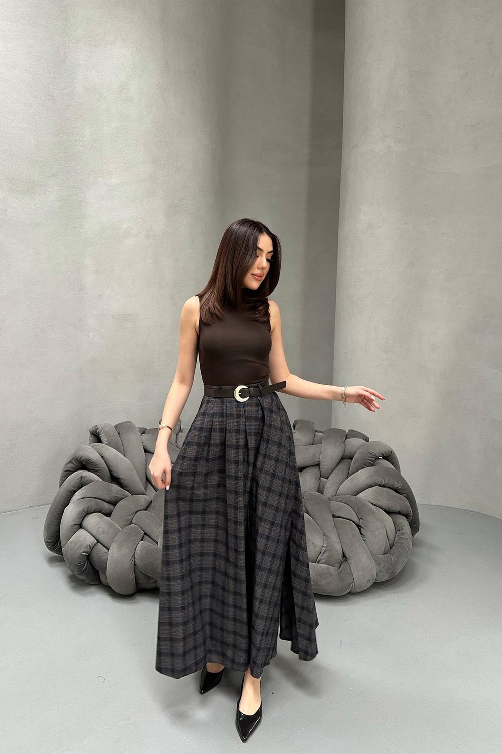 Moda Days Kadın Kahverengi Maxi Etek Ekose Yüksek Bel Kemer Görünümlü Yırtmaçlı Dokuma görsel 2