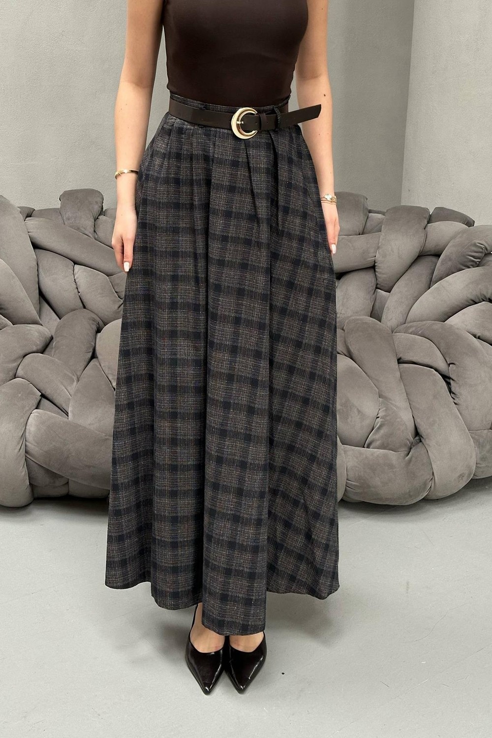 Moda Days Kadın Kahverengi Maxi Etek Ekose Yüksek Bel Kemer Görünümlü Yırtmaçlı Dokuma görsel 5