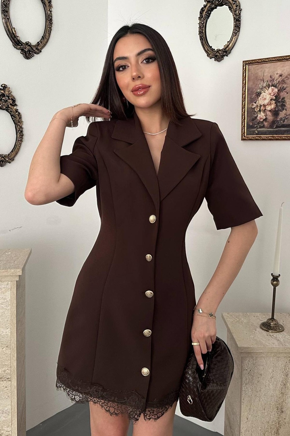 Moda Days Kadın Siyah Dantel Etek Uçlu Gold Düğmeli Ceket Yaka Mini Boy Kısa Kollu Ceket